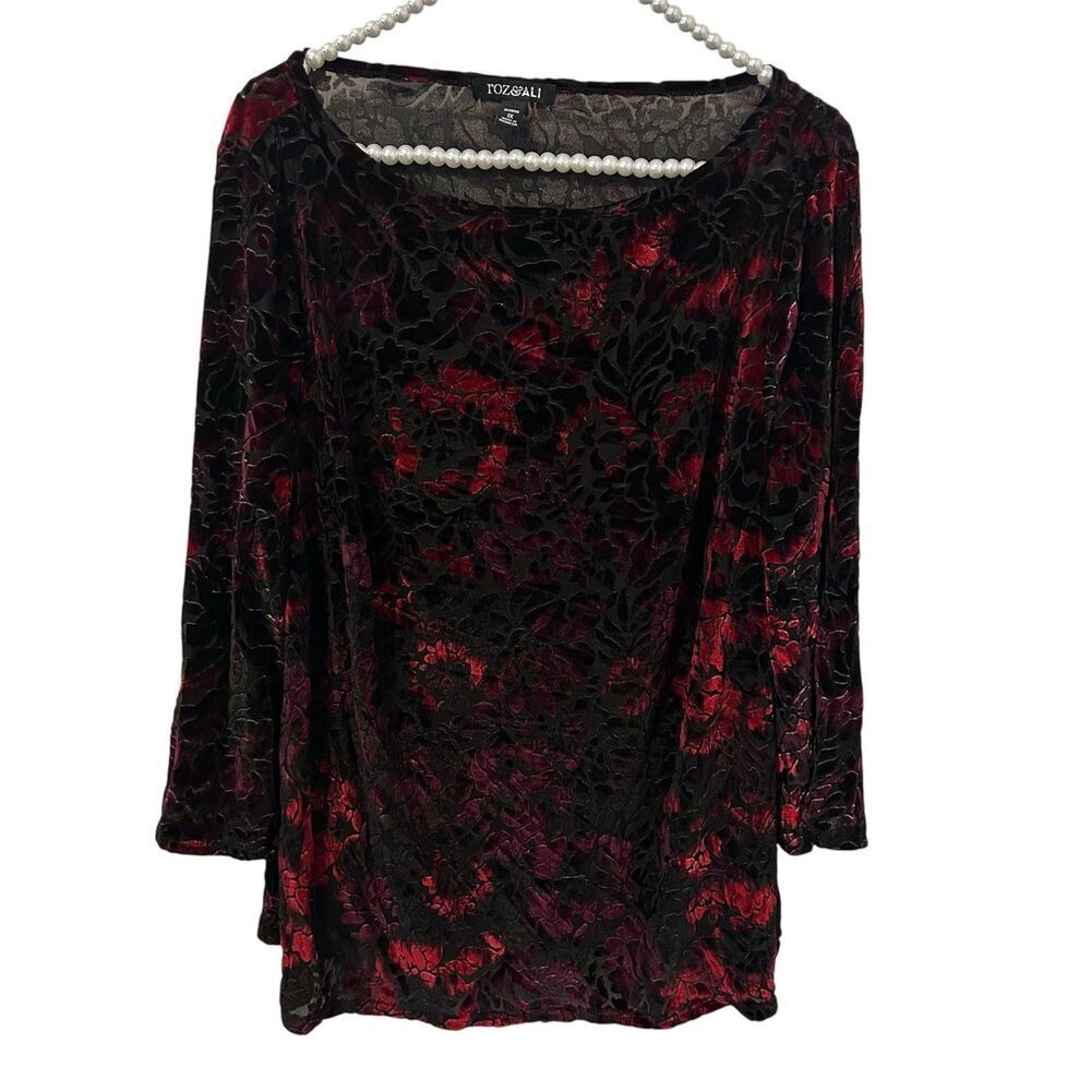 Roz & Ali Womens‎ Velvet Burnout Fairy Grunge Whimsigoth Top Size 1X Red Vamp